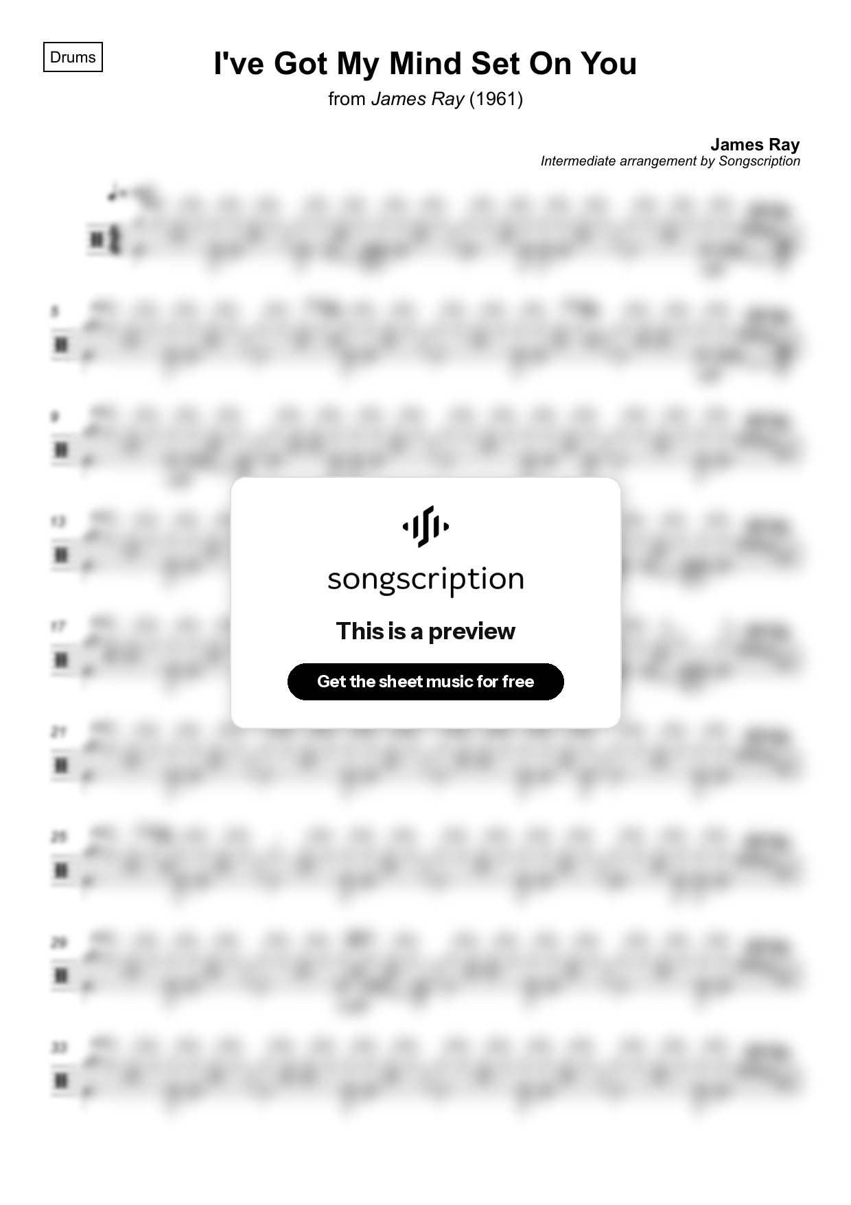 Intermediate Drums Sheet Music for "I've Got My Mind Set On You" by James Ray
