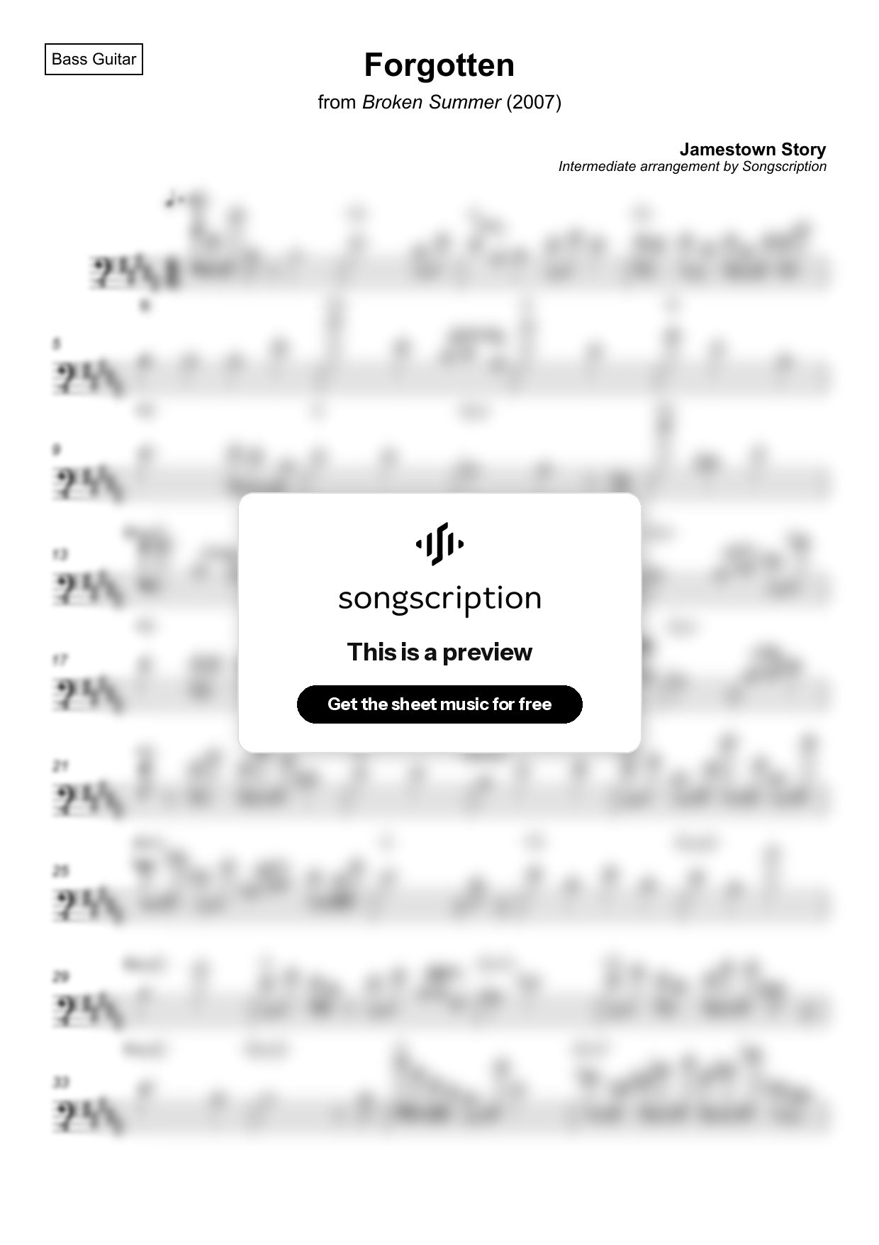 Intermediate Bass Guitar Sheet Music for "Forgotten" by Jamestown Story