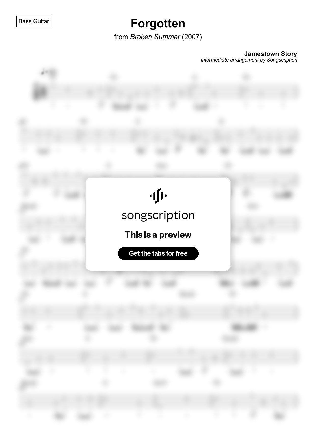 Intermediate Bass Guitar Tabs for "Forgotten" by Jamestown Story