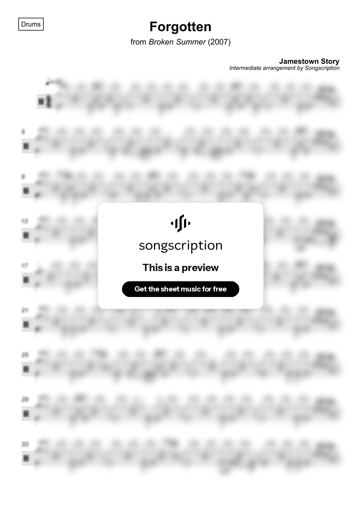 Intermediate Drums Sheet Music for "Forgotten" by Jamestown Story
