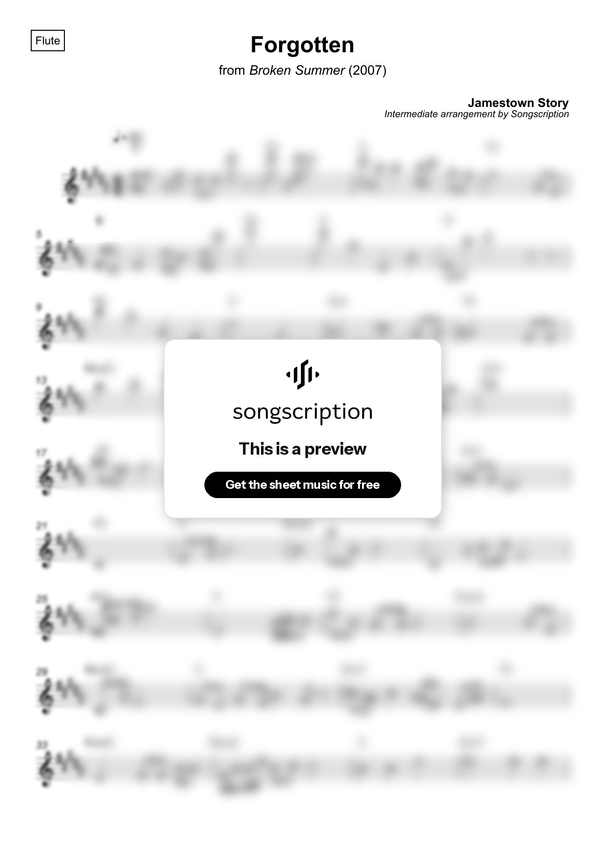 Intermediate Flute Sheet Music for "Forgotten" by Jamestown Story