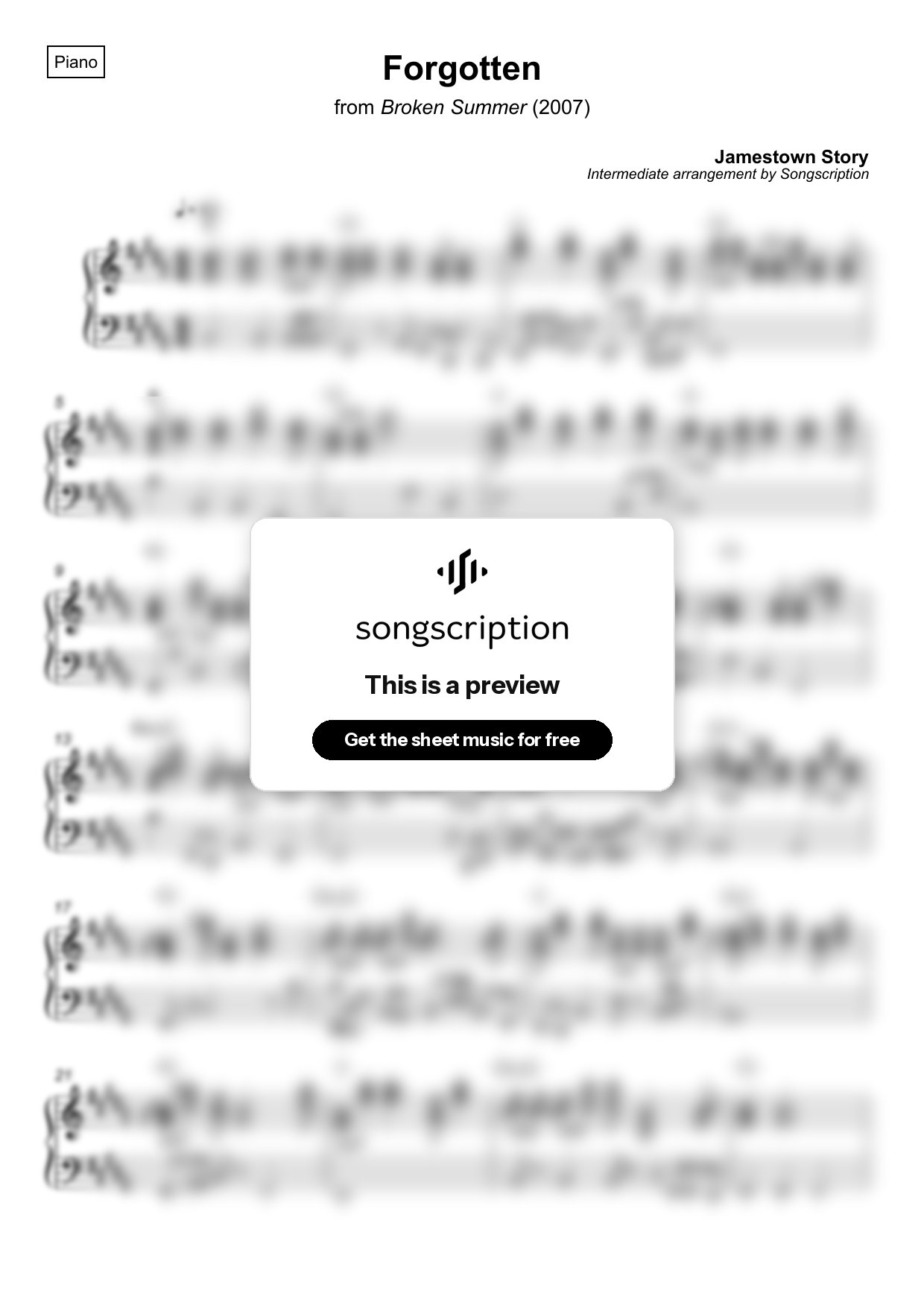 Intermediate Piano Sheet Music for "Forgotten" by Jamestown Story