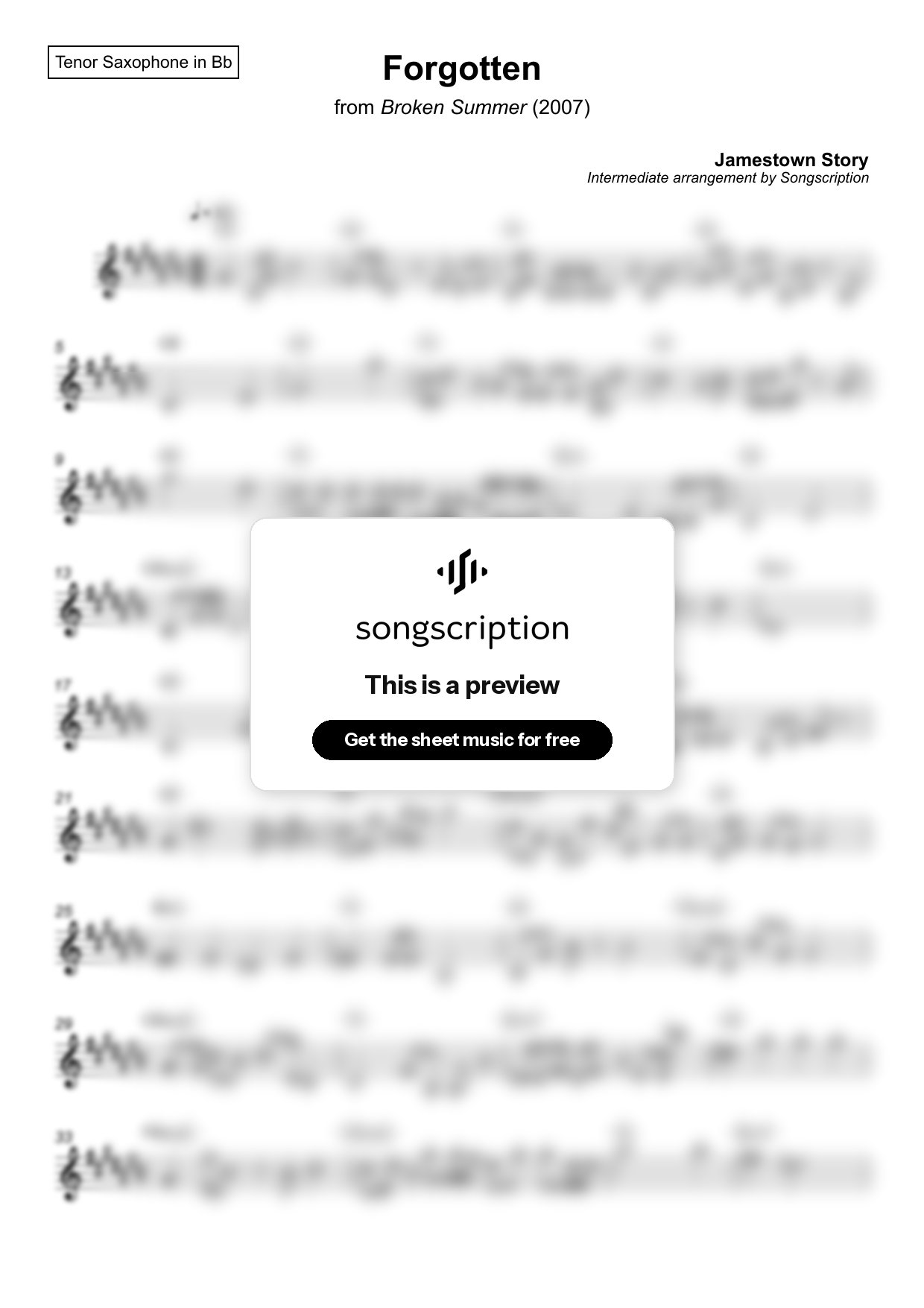 Intermediate Tenor Sax Sheet Music for "Forgotten" by Jamestown Story