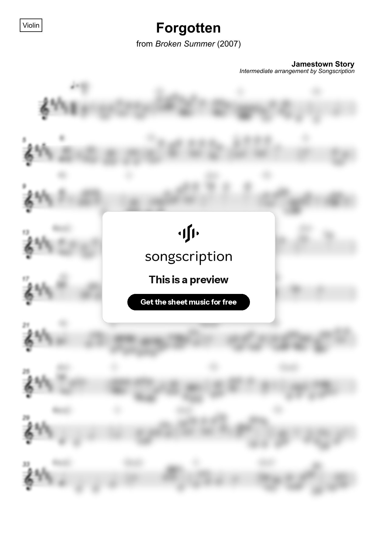Intermediate Violin Sheet Music for "Forgotten" by Jamestown Story