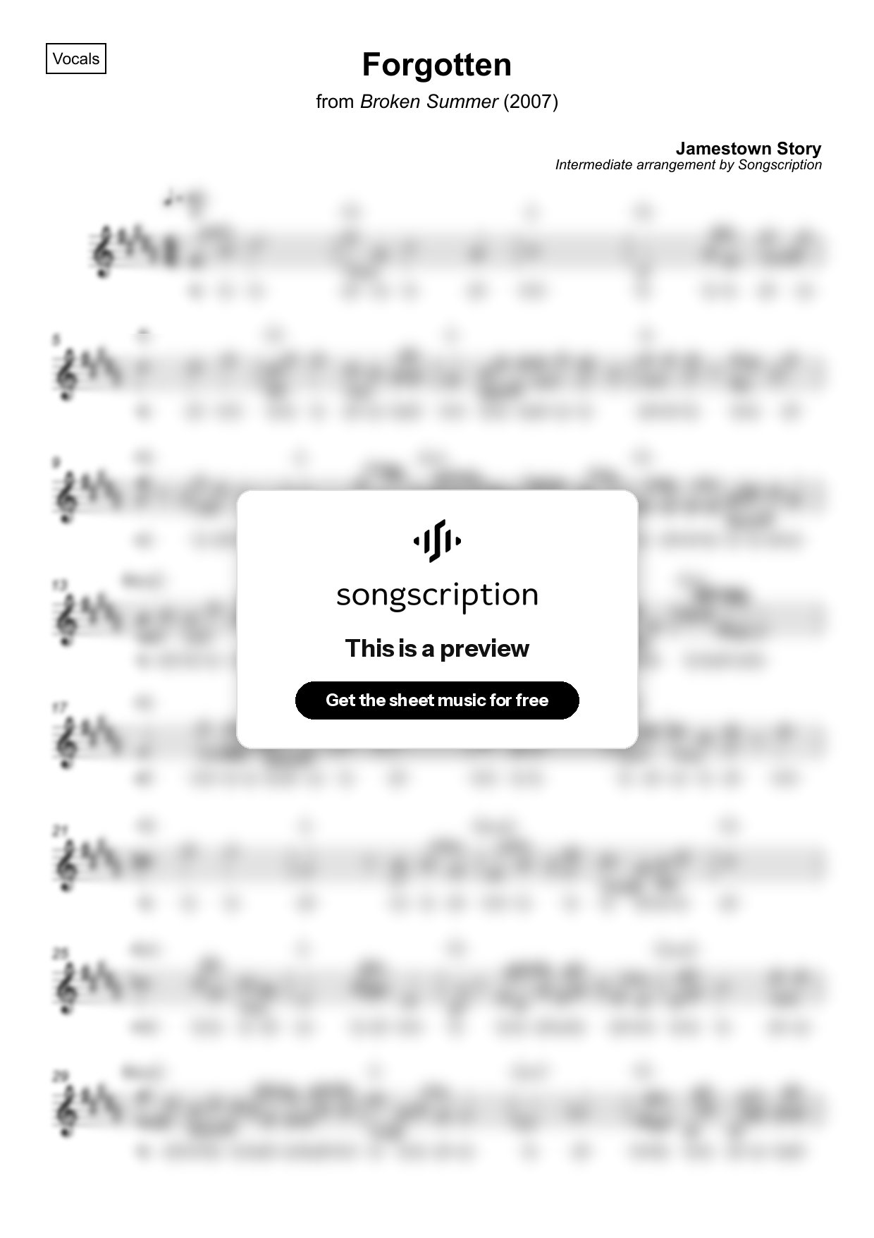 Intermediate Vocals Sheet Music for "Forgotten" by Jamestown Story