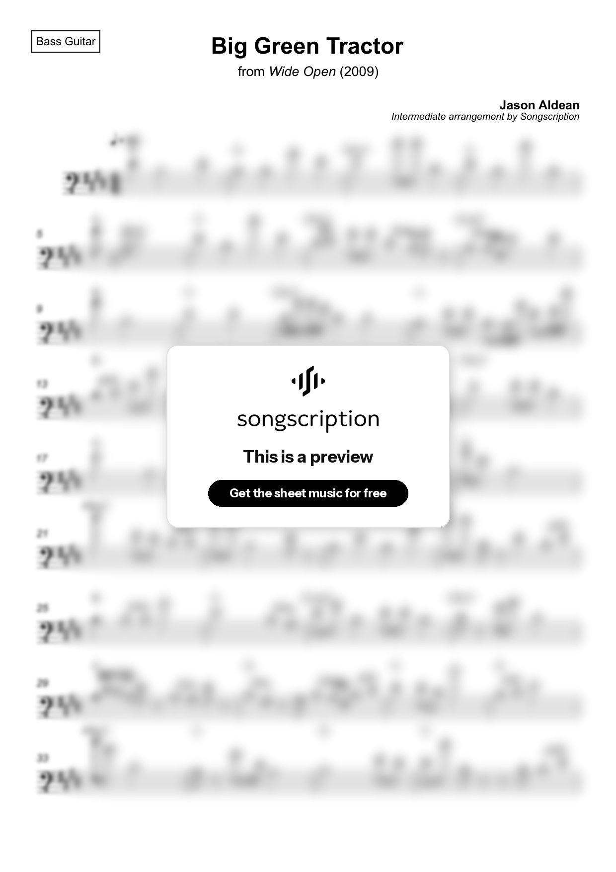 Intermediate Bass Guitar Sheet Music for "Big Green Tractor" by Jason Aldean