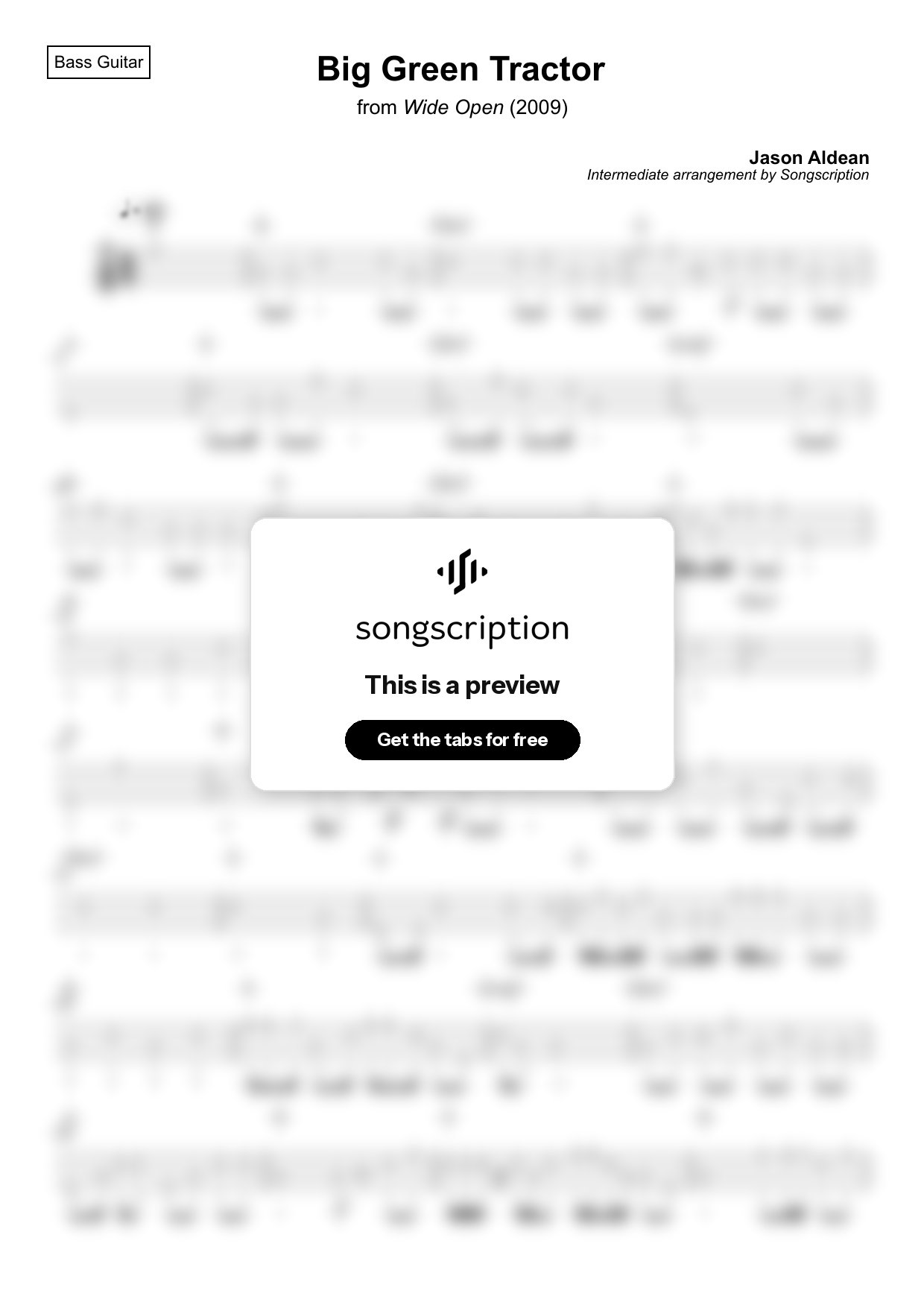 Intermediate Bass Guitar Tabs for "Big Green Tractor" by Jason Aldean
