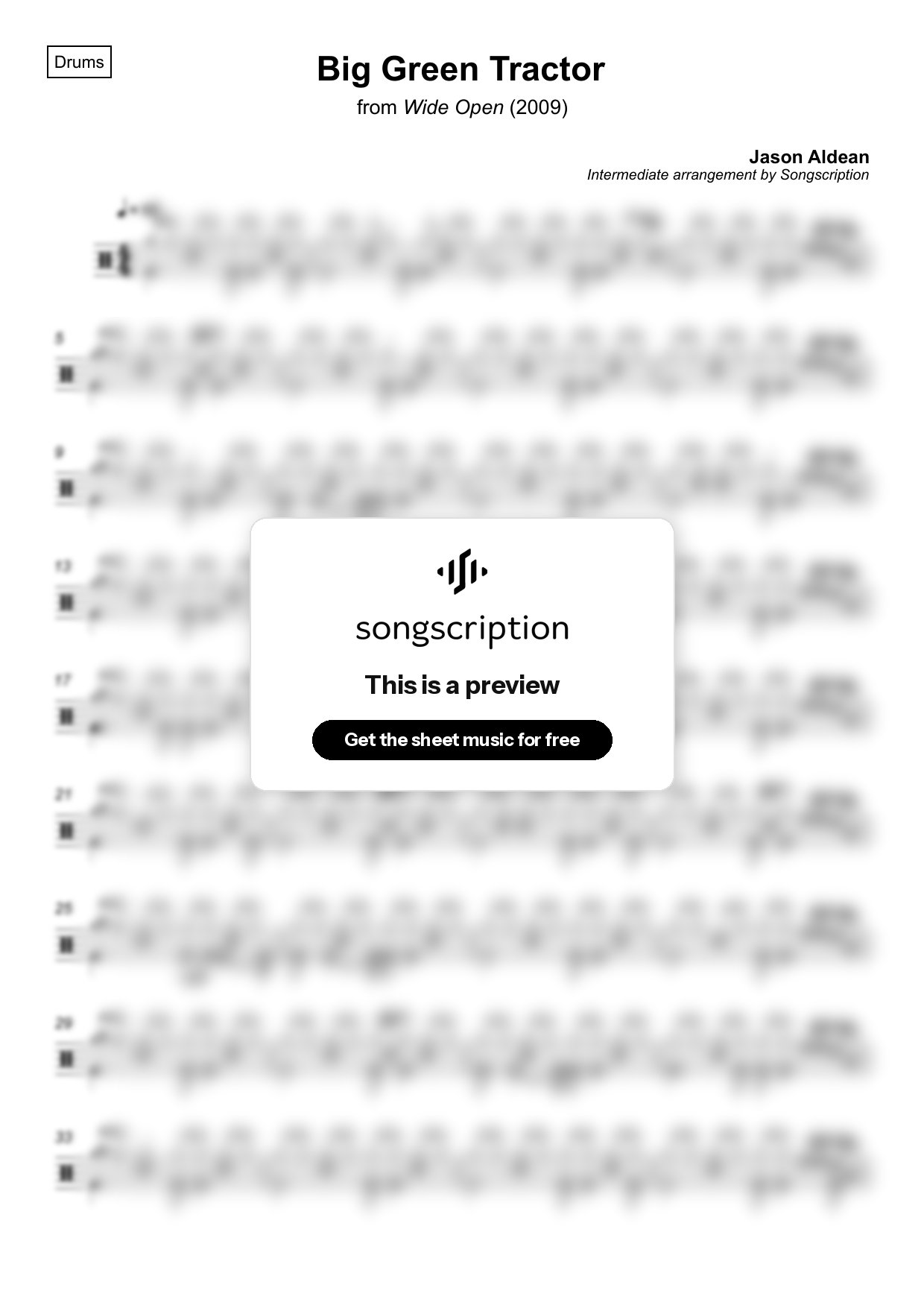 Intermediate Drums Sheet Music for "Big Green Tractor" by Jason Aldean