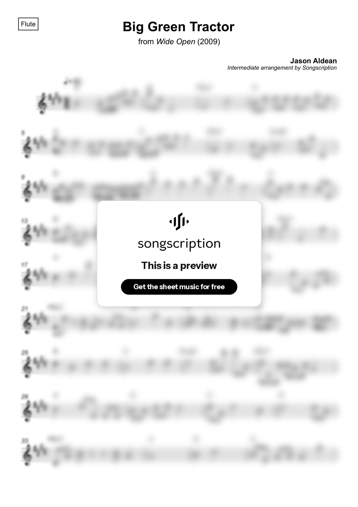 Intermediate Flute Sheet Music for "Big Green Tractor" by Jason Aldean