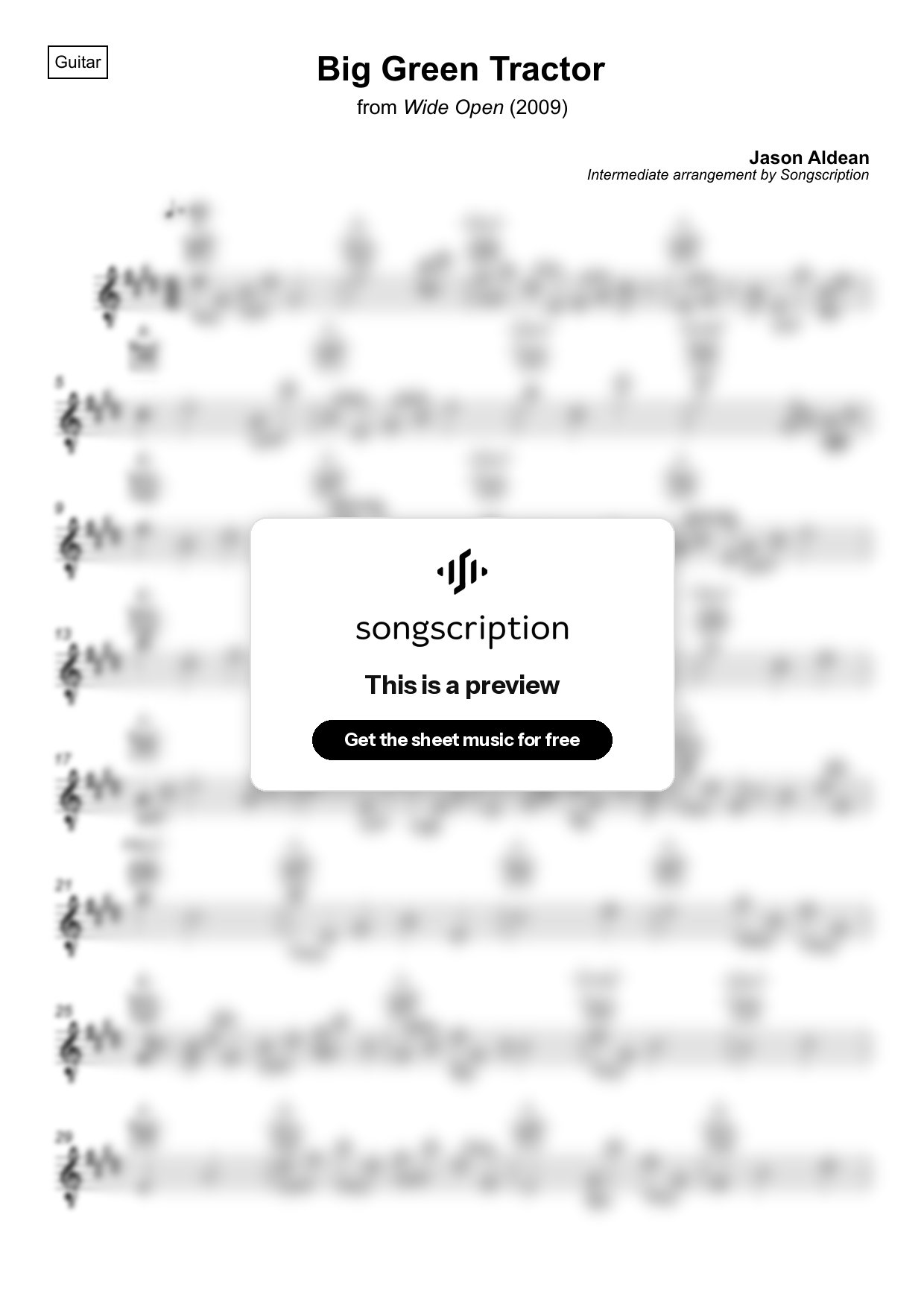 Intermediate Acoustic Guitar Sheet Music for "Big Green Tractor" by Jason Aldean