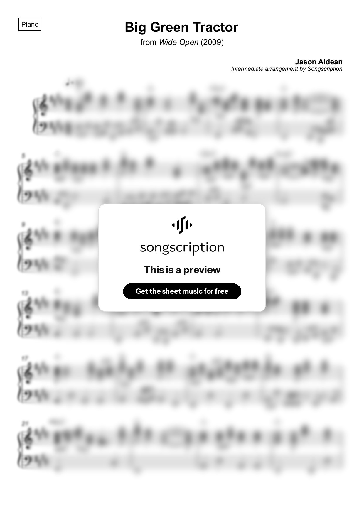 Intermediate Piano Sheet Music for "Big Green Tractor" by Jason Aldean