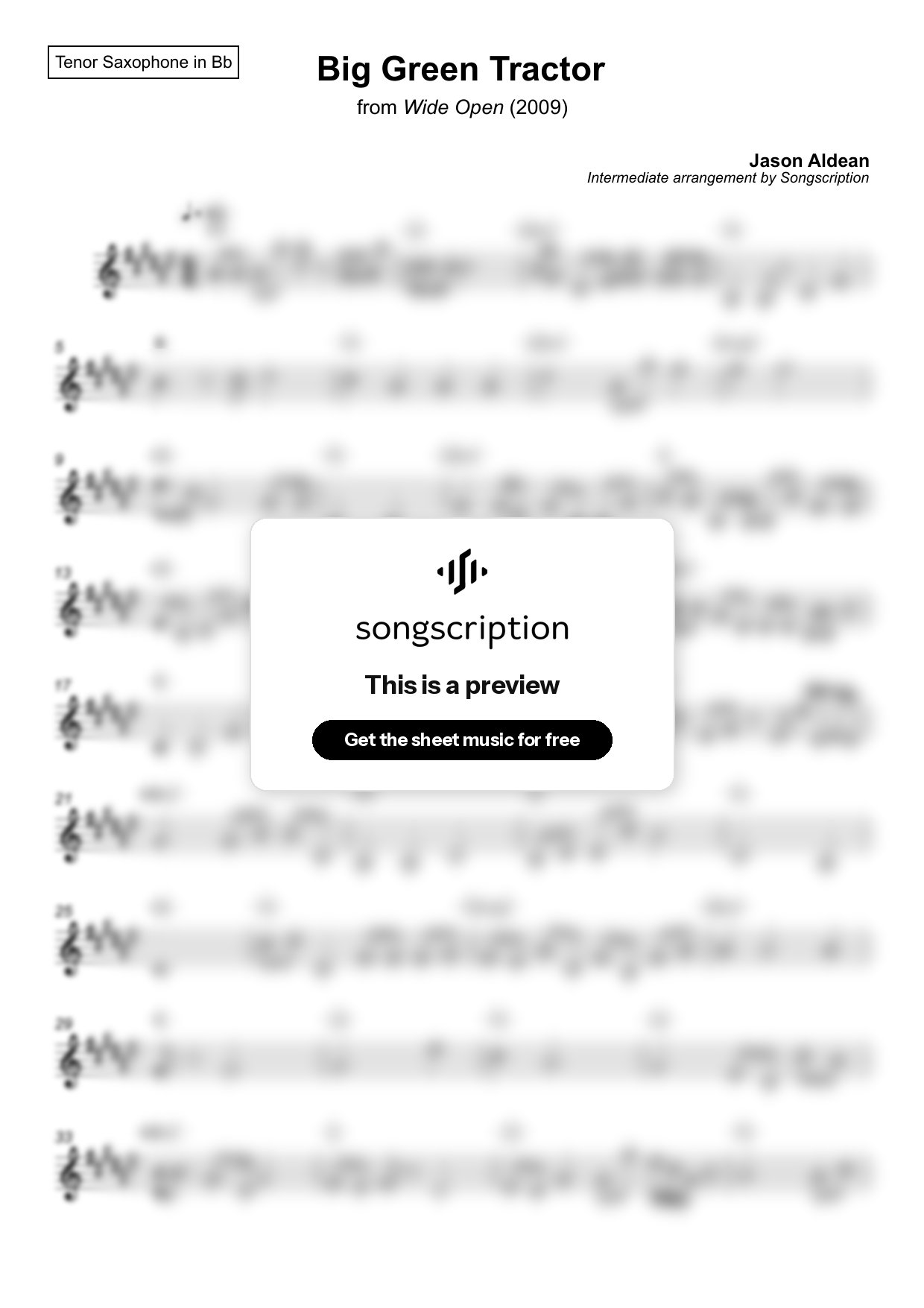 Intermediate Tenor Sax Sheet Music for "Big Green Tractor" by Jason Aldean