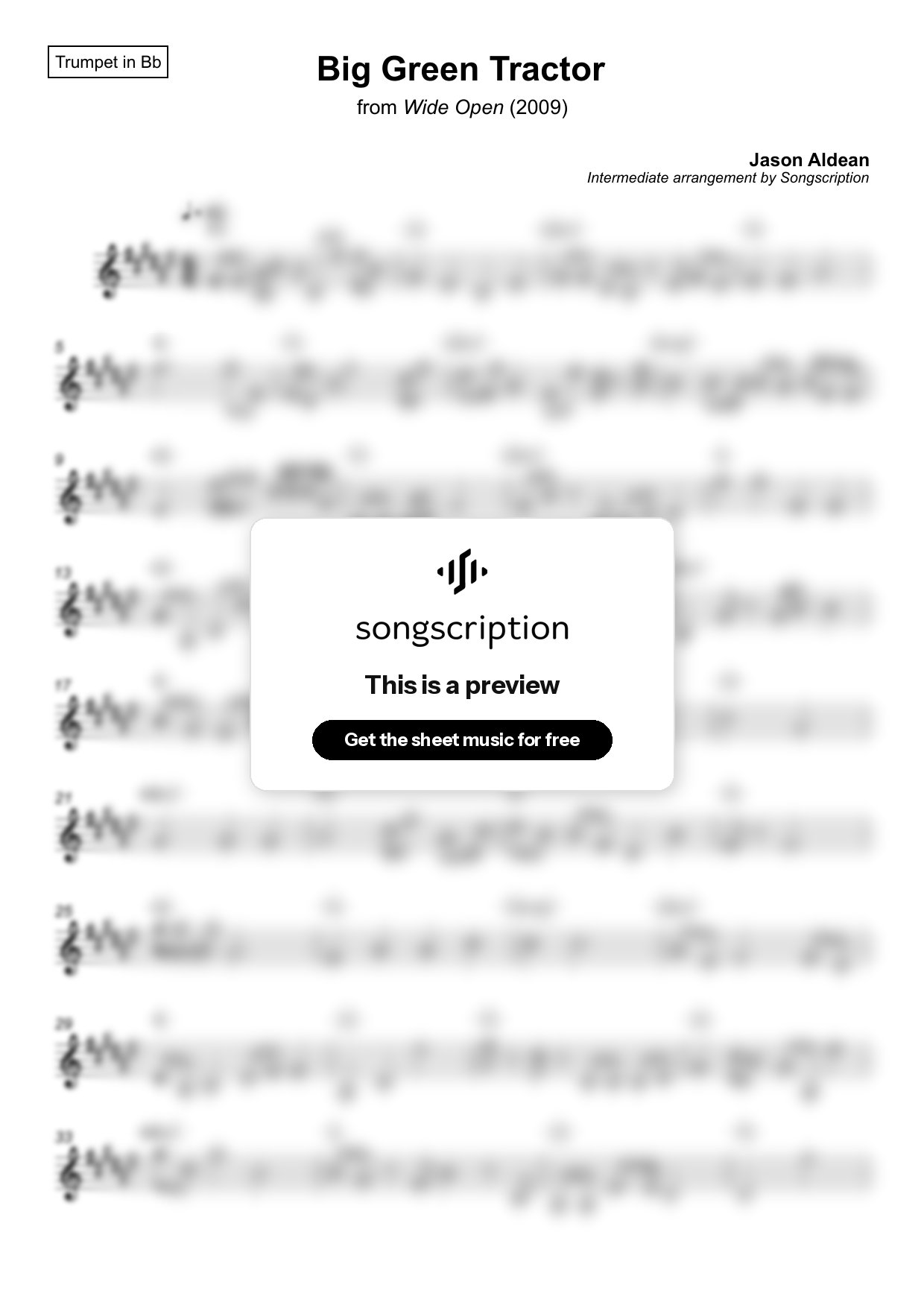 Intermediate Trumpet Sheet Music for "Big Green Tractor" by Jason Aldean