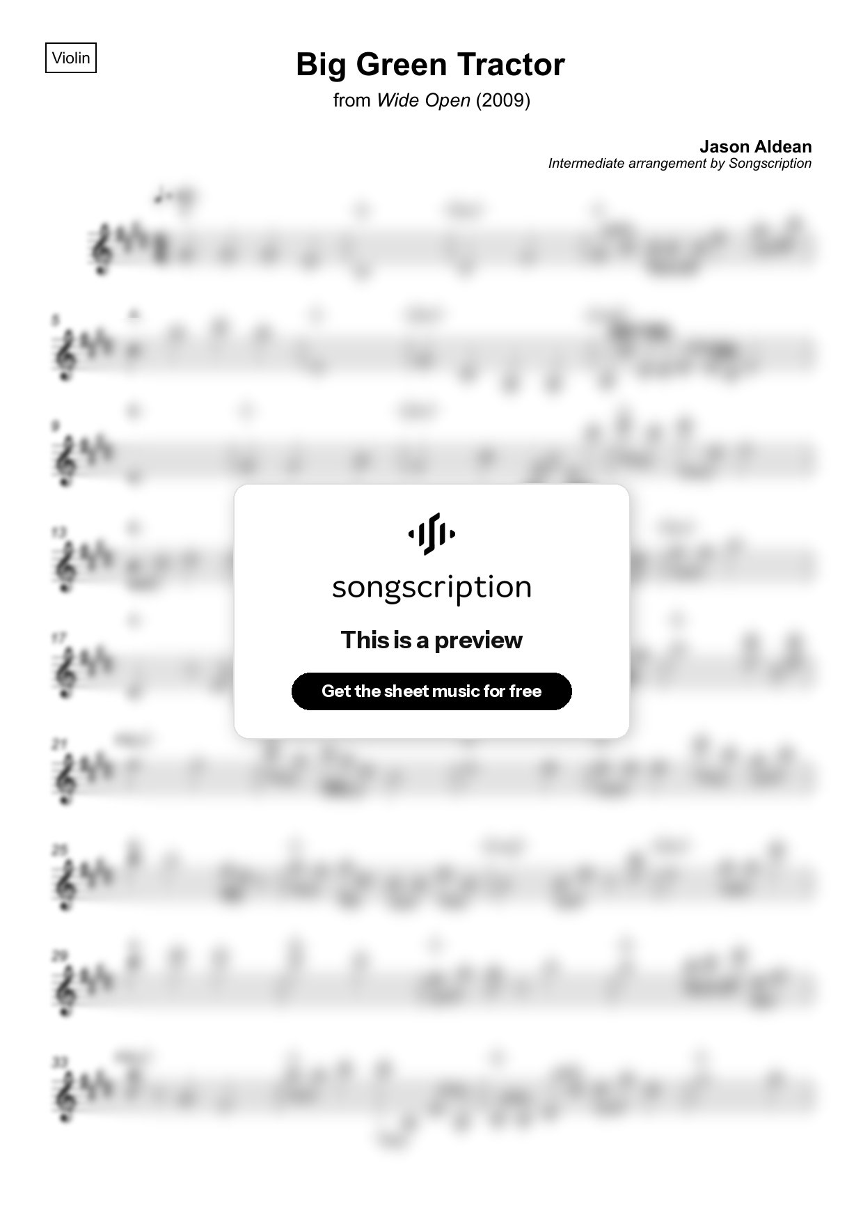 Intermediate Violin Sheet Music for "Big Green Tractor" by Jason Aldean