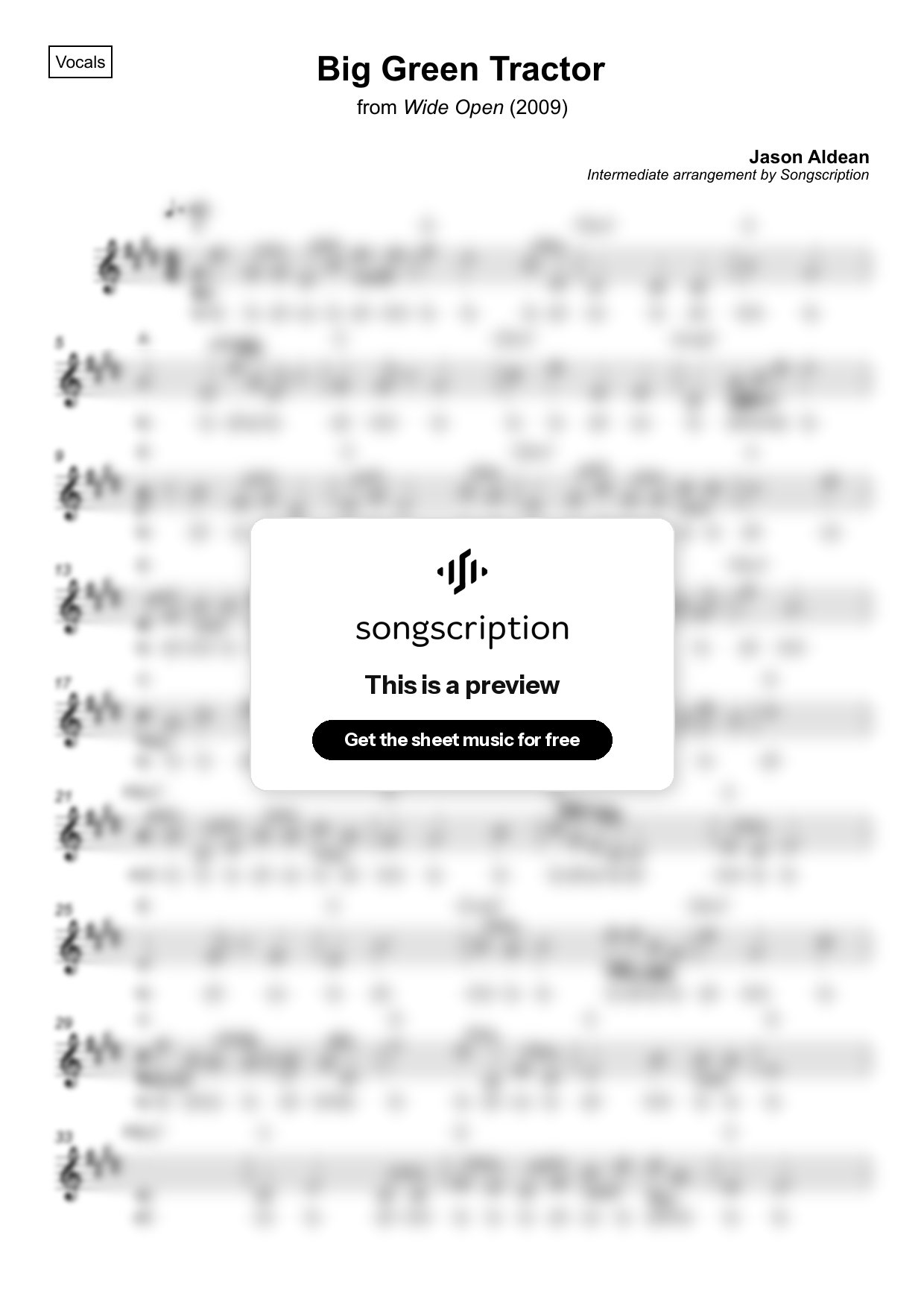 Intermediate Vocals Sheet Music for "Big Green Tractor" by Jason Aldean