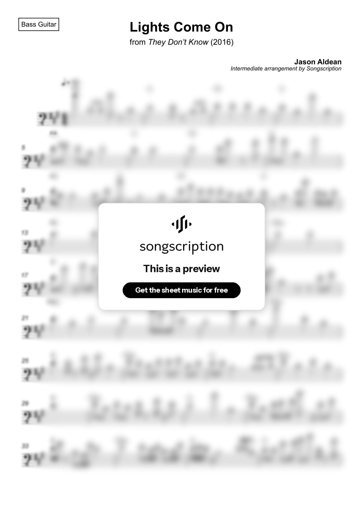 Intermediate Bass Guitar Sheet Music for "Lights Come On" by Jason Aldean