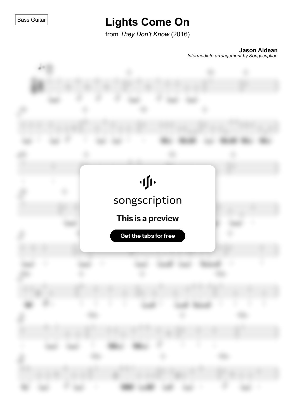 Intermediate Bass Guitar Tabs for "Lights Come On" by Jason Aldean