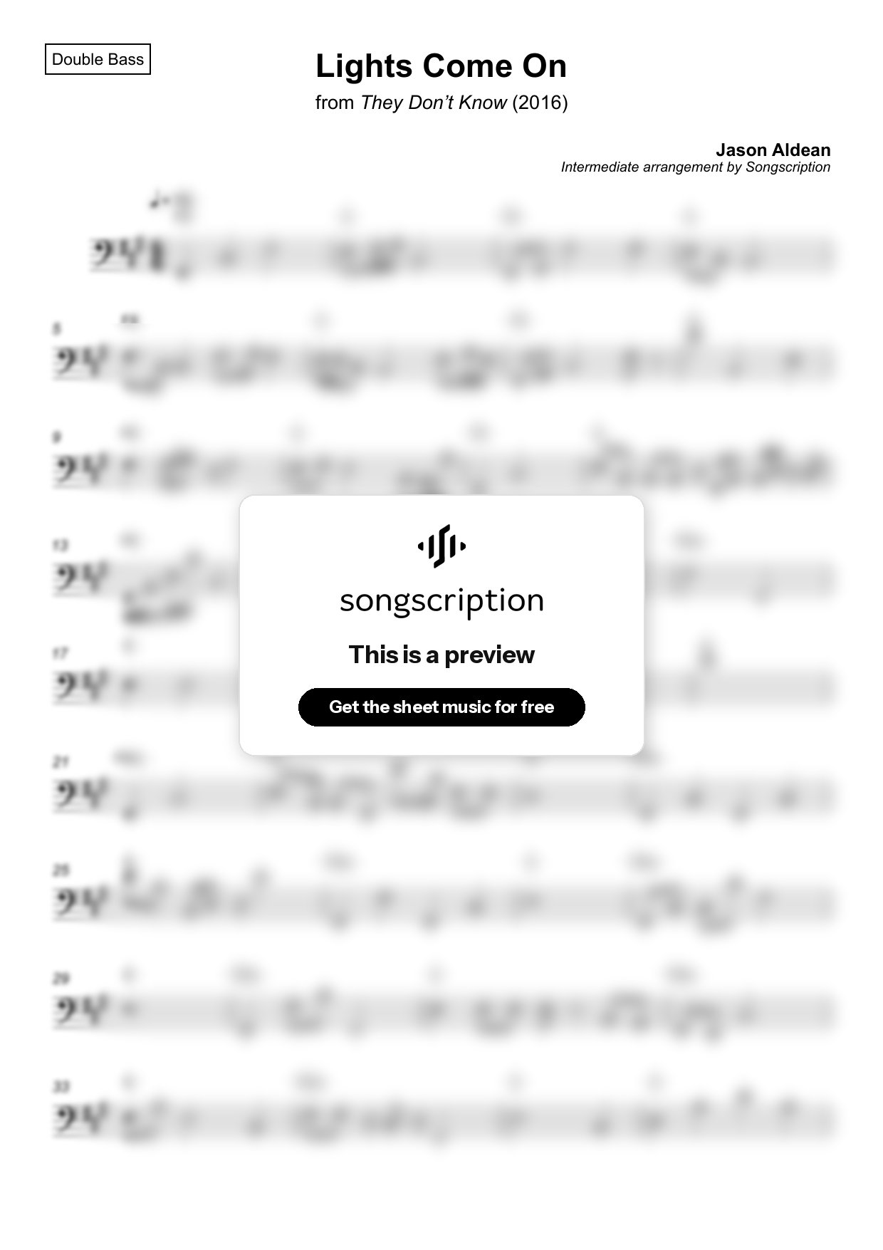 Intermediate Double Bass Sheet Music for "Lights Come On" by Jason Aldean