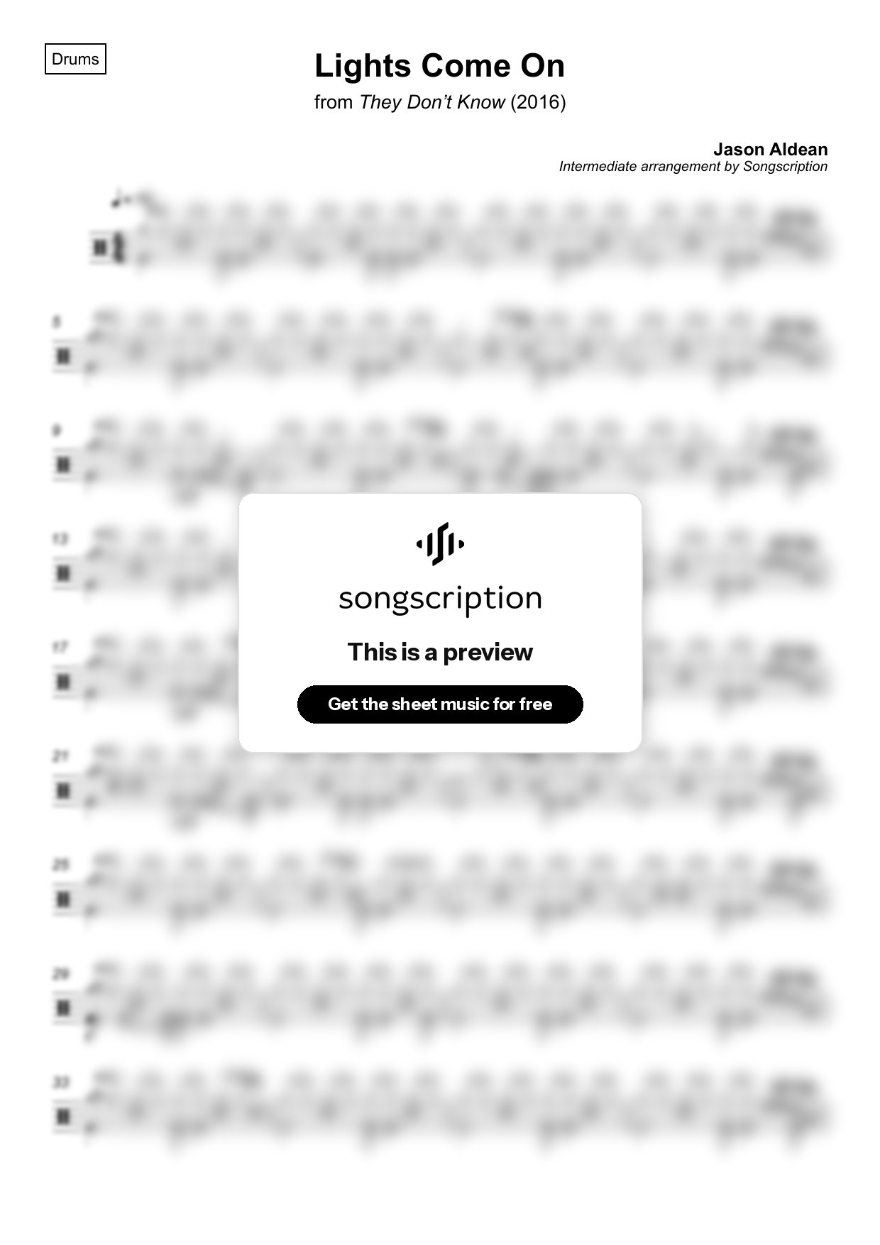 Intermediate Drums Sheet Music for "Lights Come On" by Jason Aldean