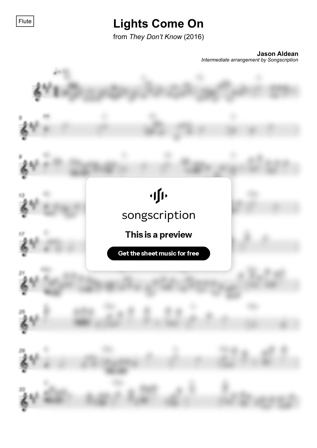 Intermediate Flute Sheet Music for "Lights Come On" by Jason Aldean