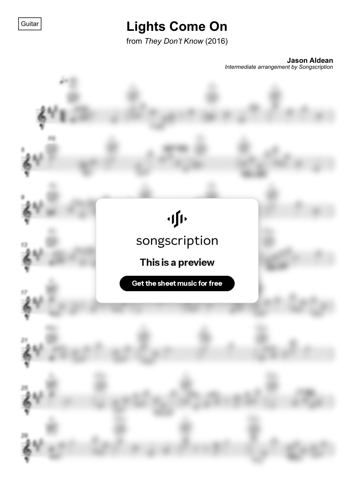 Intermediate Acoustic Guitar Sheet Music for "Lights Come On" by Jason Aldean