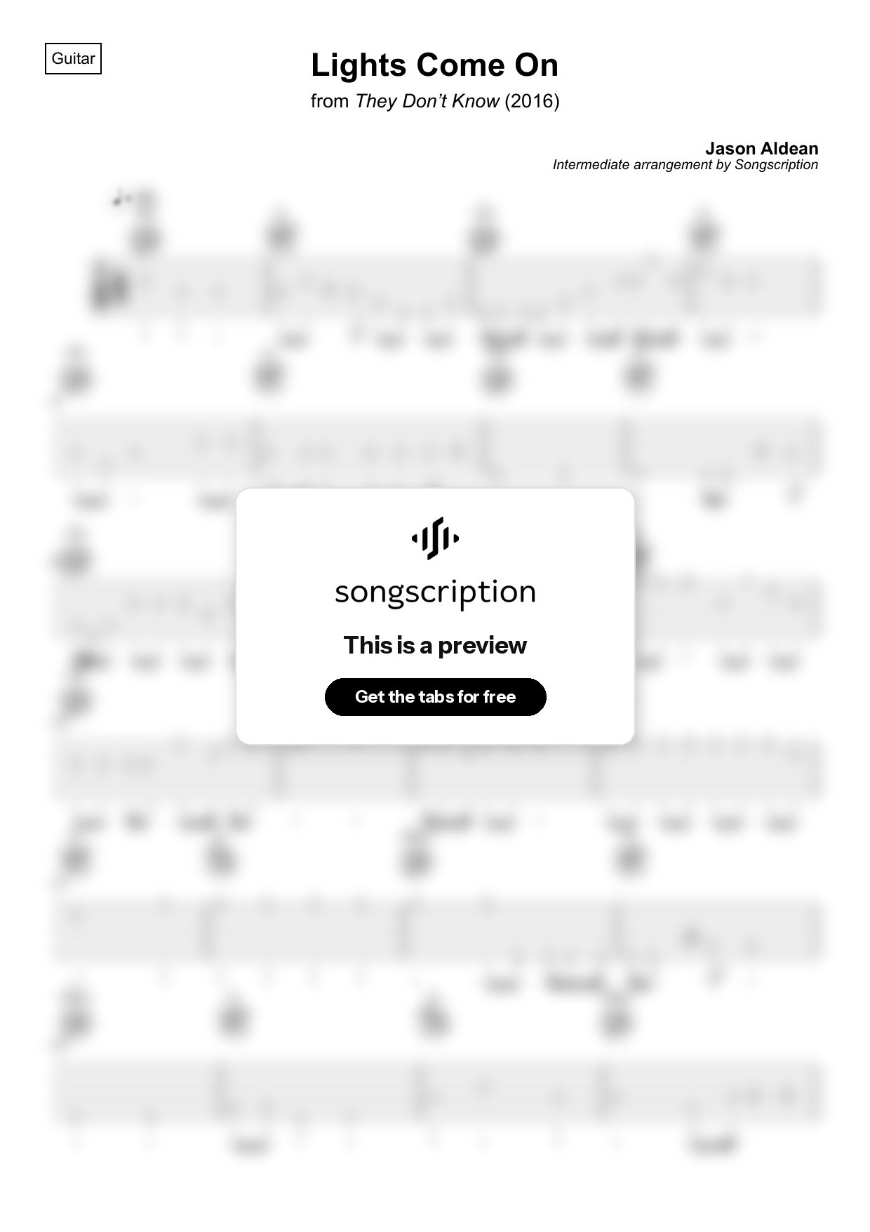 Intermediate Acoustic Guitar Tabs for "Lights Come On" by Jason Aldean