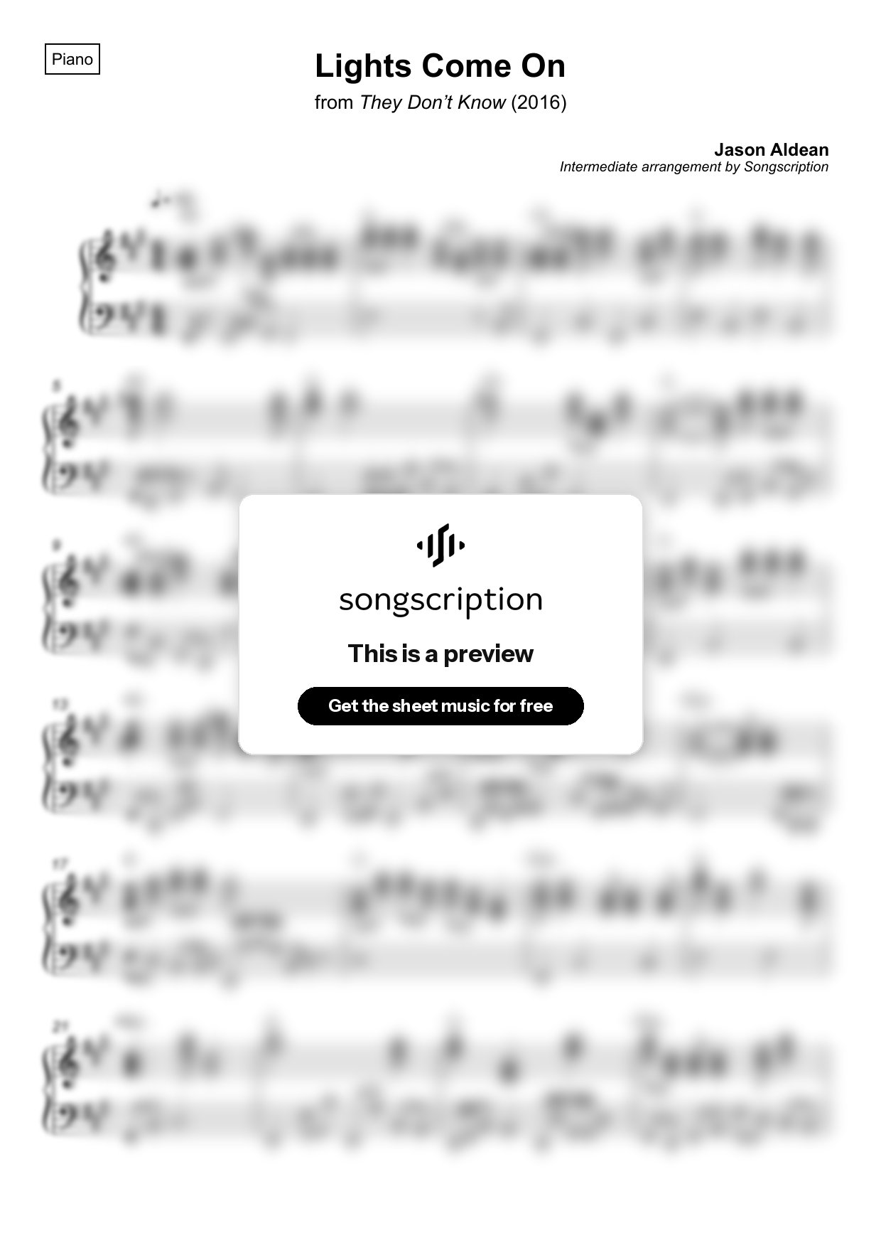 Intermediate Piano Sheet Music for "Lights Come On" by Jason Aldean