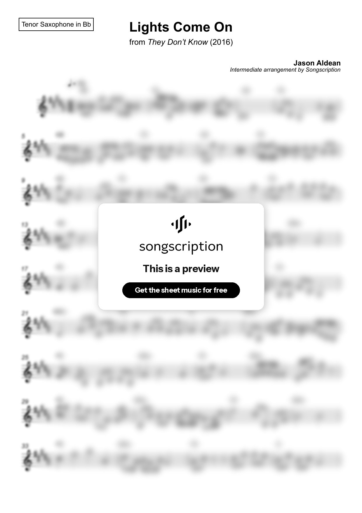 Intermediate Tenor Sax Sheet Music for "Lights Come On" by Jason Aldean