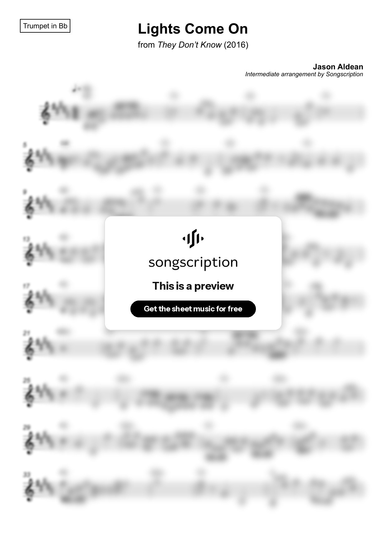 Intermediate Trumpet Sheet Music for "Lights Come On" by Jason Aldean