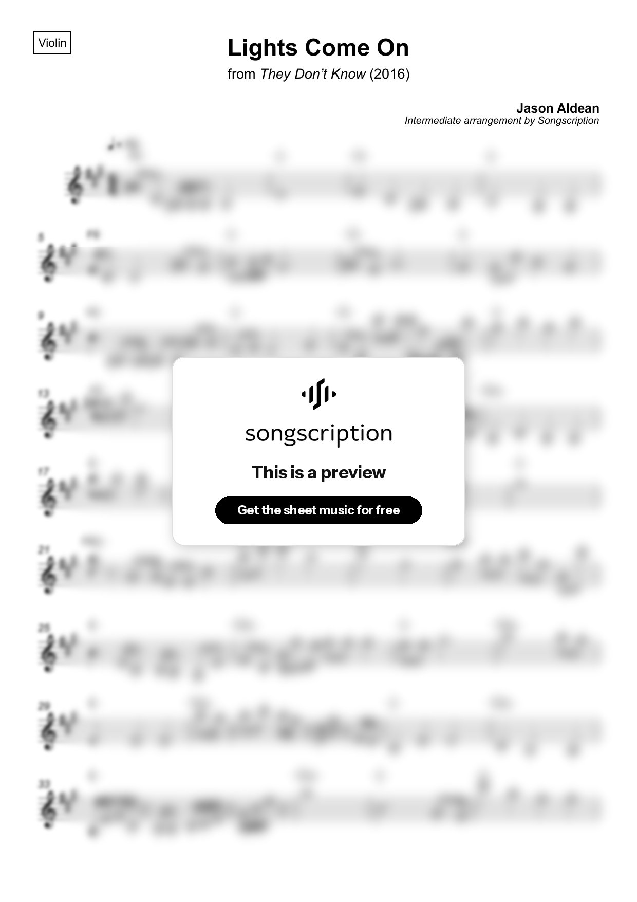 Intermediate Violin Sheet Music for "Lights Come On" by Jason Aldean