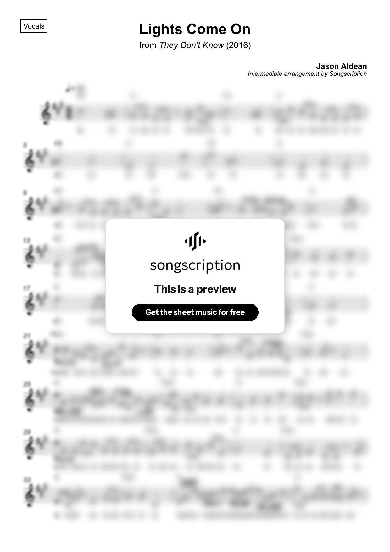 Intermediate Vocals Sheet Music for "Lights Come On" by Jason Aldean