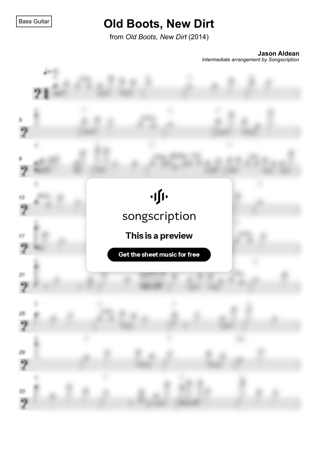 Intermediate Bass Guitar Sheet Music for "Old Boots, New Dirt" by Jason Aldean