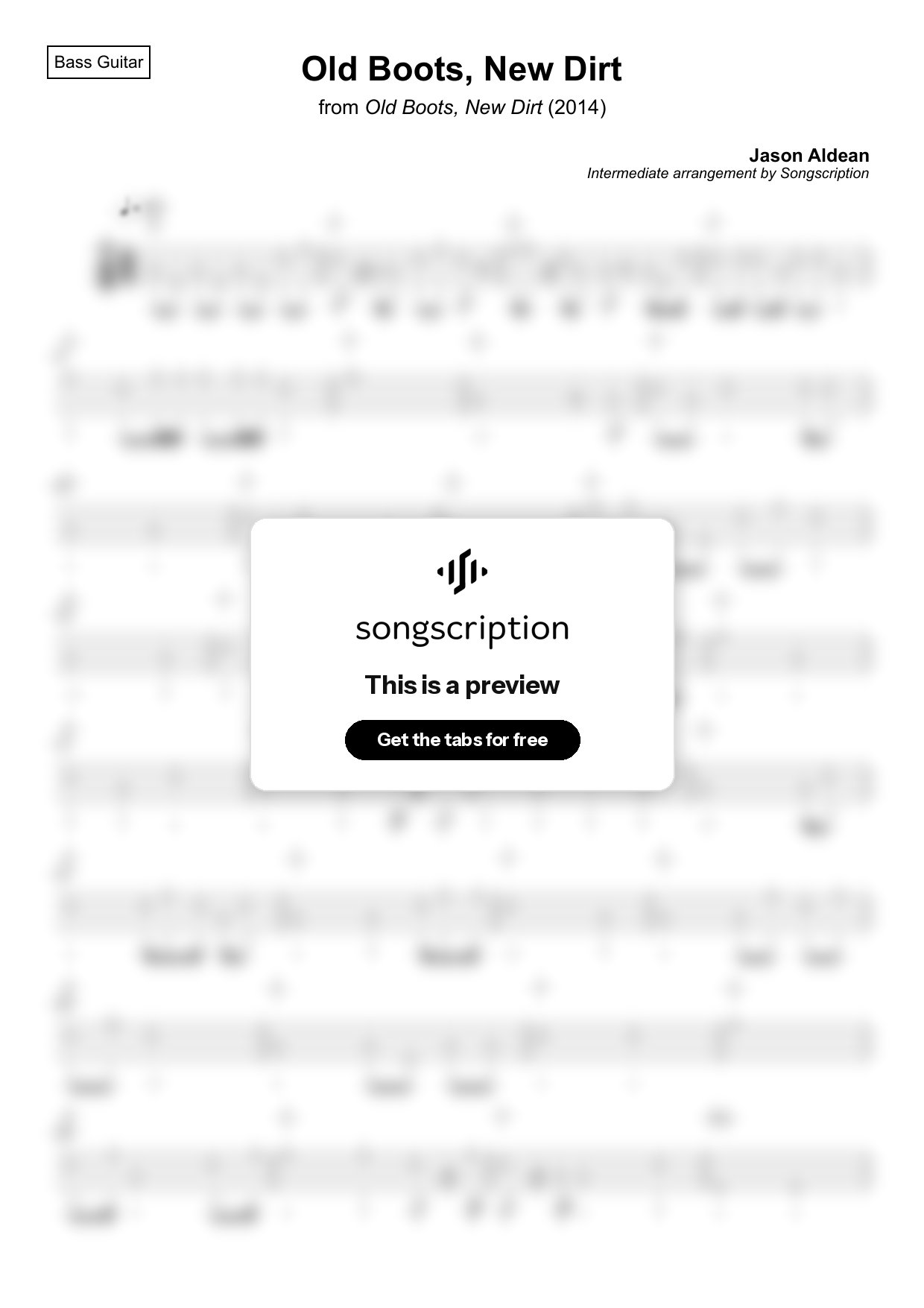 Intermediate Bass Guitar Tabs for "Old Boots, New Dirt" by Jason Aldean