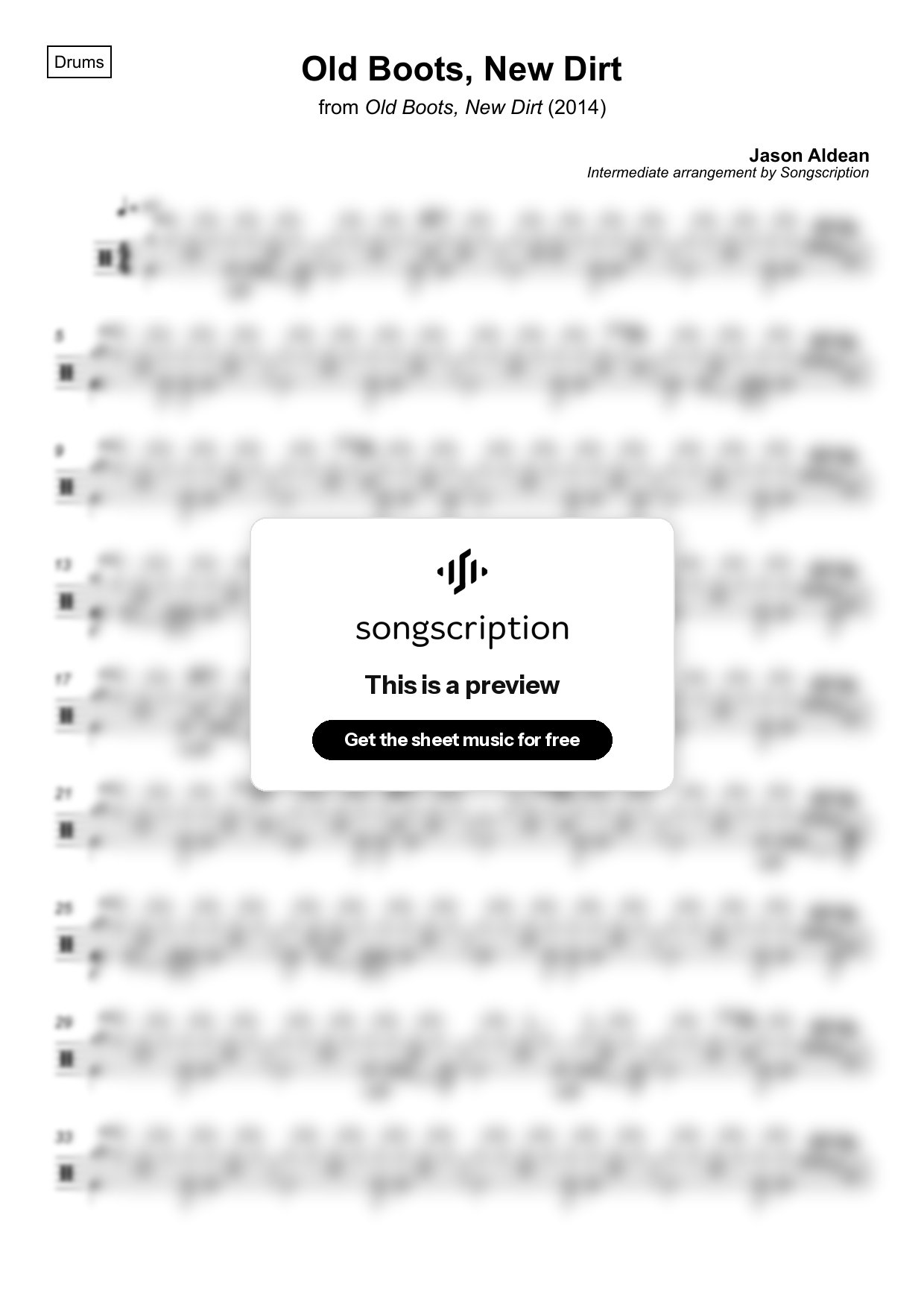 Intermediate Drums Sheet Music for "Old Boots, New Dirt" by Jason Aldean