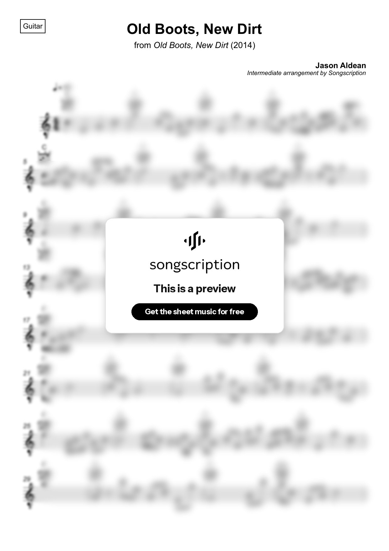Intermediate Acoustic Guitar Sheet Music for "Old Boots, New Dirt" by Jason Aldean