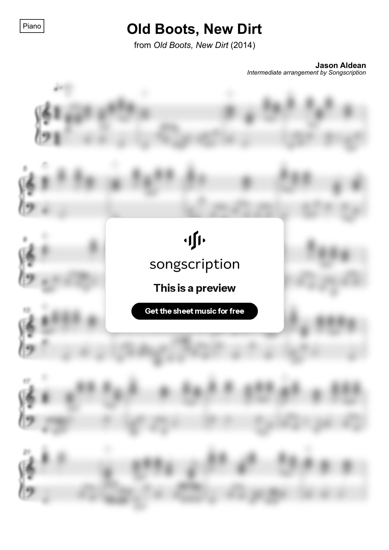 Intermediate Piano Sheet Music for "Old Boots, New Dirt" by Jason Aldean