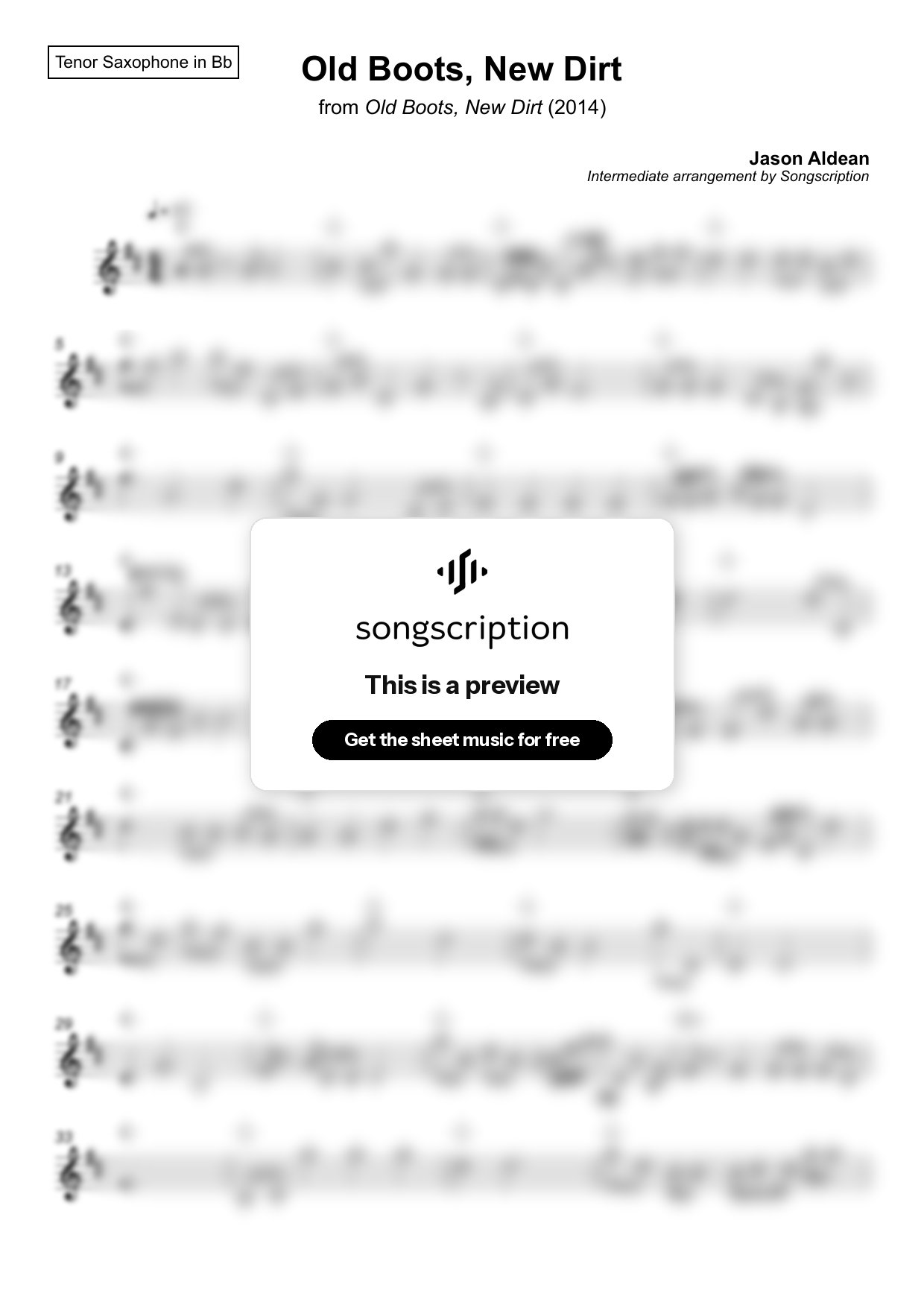 Intermediate Tenor Sax Sheet Music for "Old Boots, New Dirt" by Jason Aldean