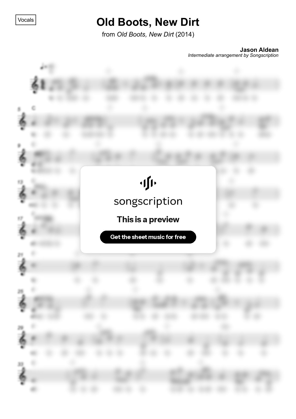 Intermediate Vocals Sheet Music for "Old Boots, New Dirt" by Jason Aldean