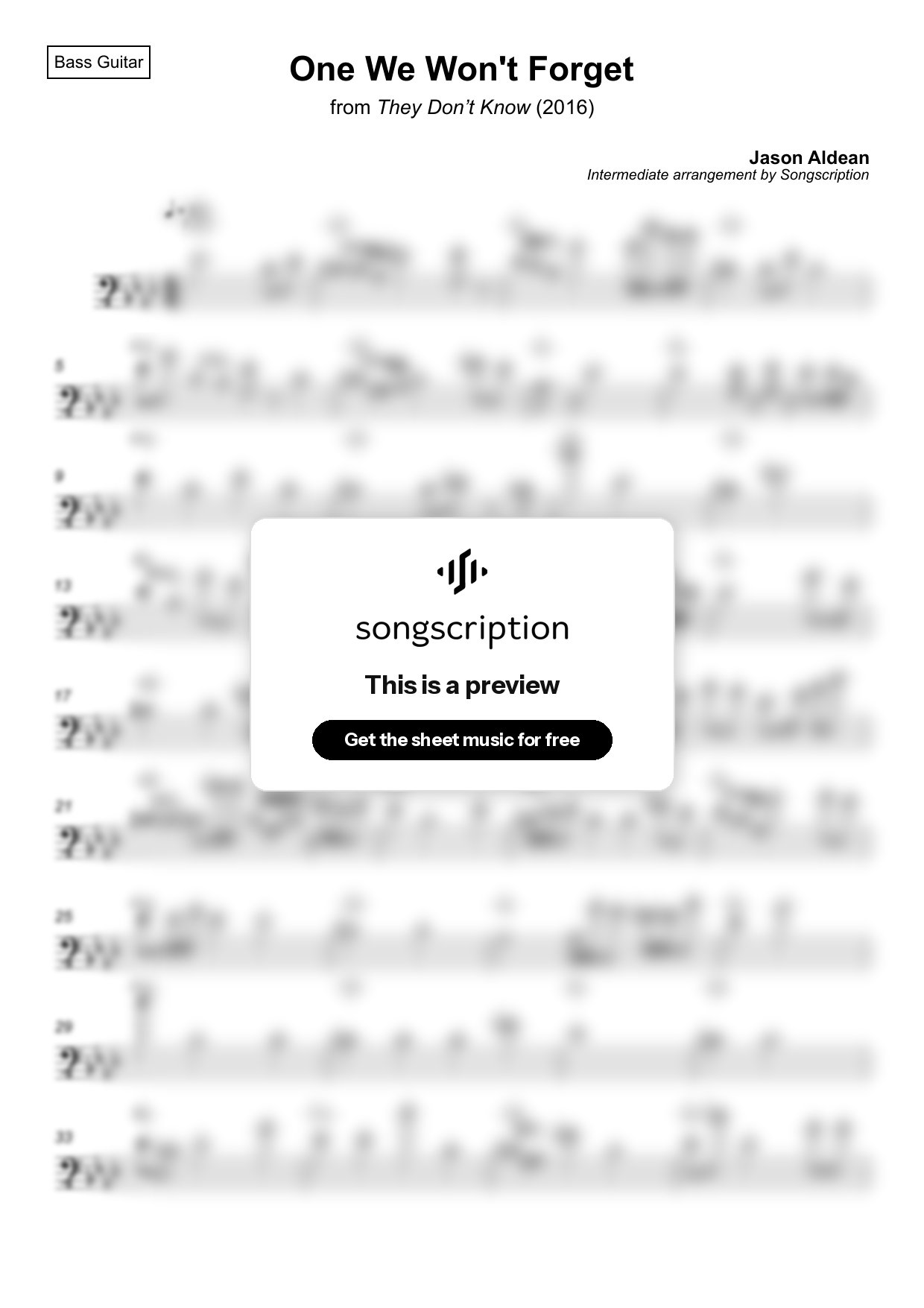 Intermediate Bass Guitar Sheet Music for "One We Won't Forget" by Jason Aldean