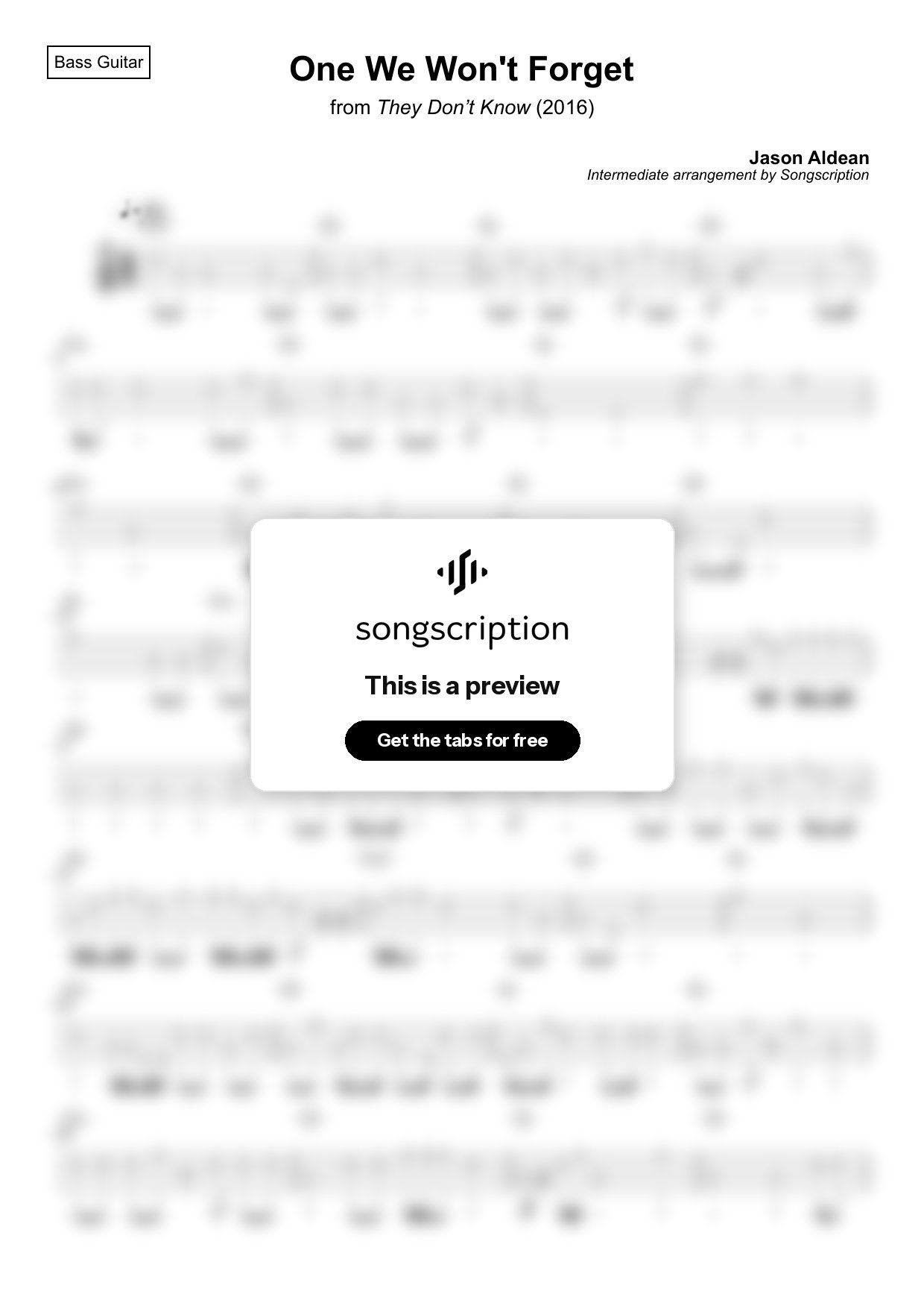Intermediate Bass Guitar Tabs for "One We Won't Forget" by Jason Aldean