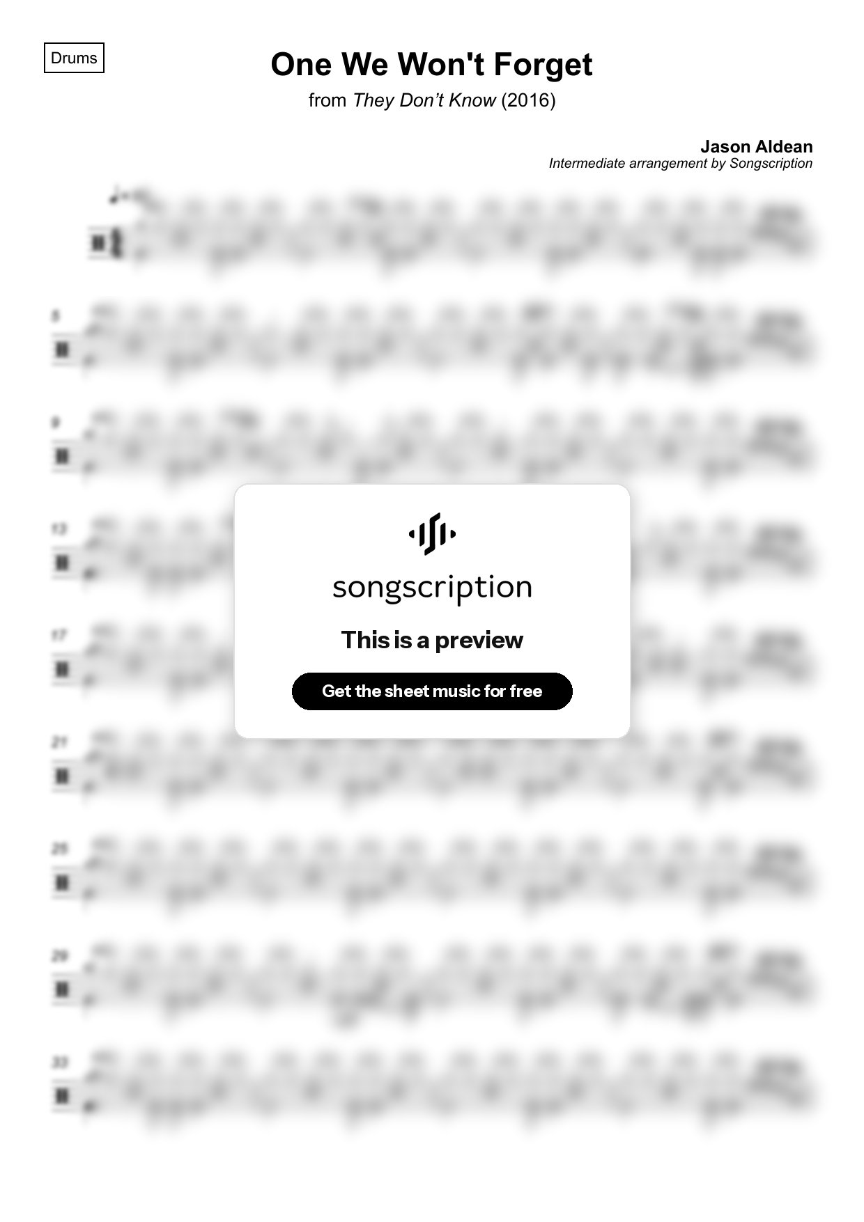 Intermediate Drums Sheet Music for "One We Won't Forget" by Jason Aldean