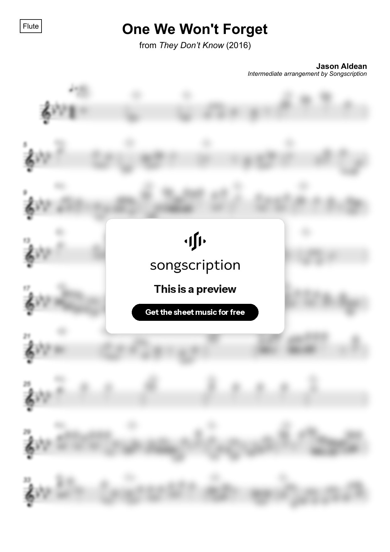 Intermediate Flute Sheet Music for "One We Won't Forget" by Jason Aldean