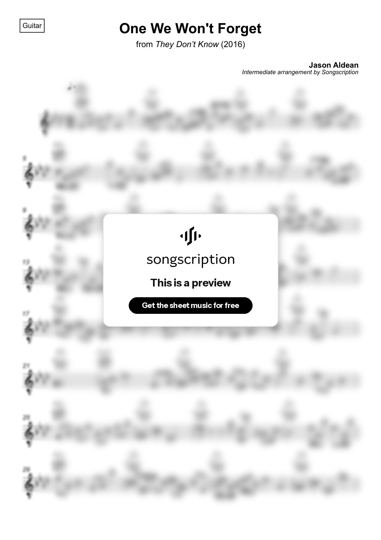 Intermediate Acoustic Guitar Sheet Music for "One We Won't Forget" by Jason Aldean