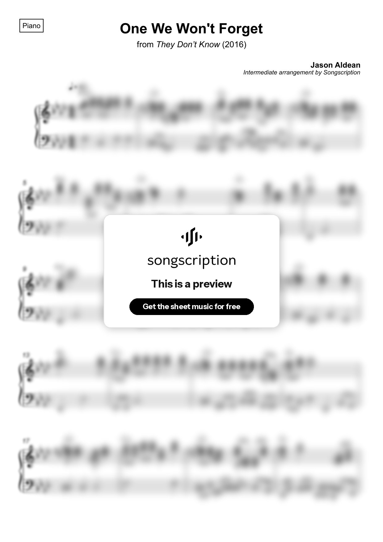 Intermediate Piano Sheet Music for "One We Won't Forget" by Jason Aldean