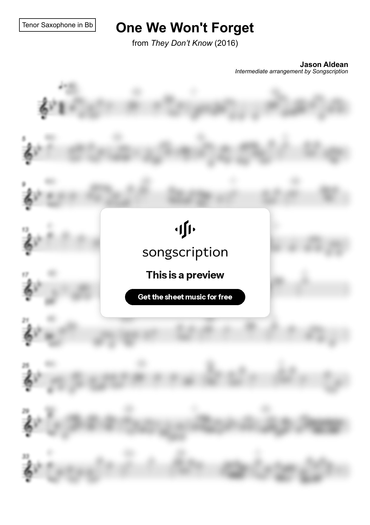 Intermediate Tenor Sax Sheet Music for "One We Won't Forget" by Jason Aldean