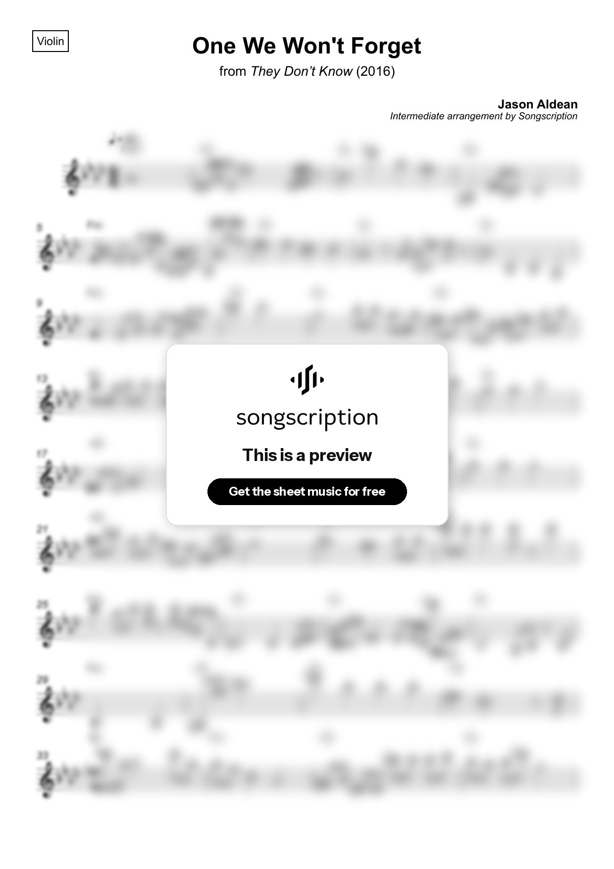 Intermediate Violin Sheet Music for "One We Won't Forget" by Jason Aldean