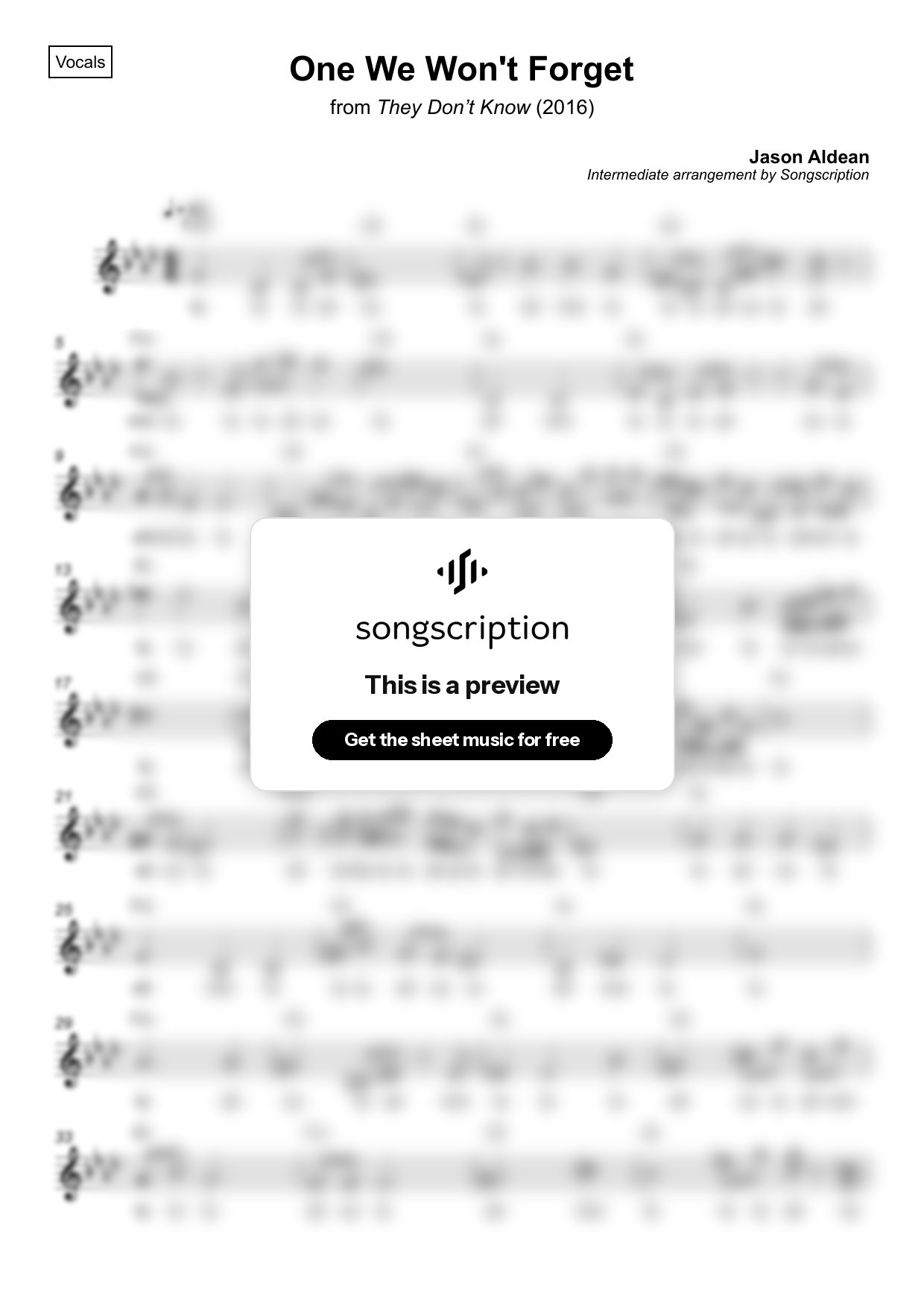 Intermediate Vocals Sheet Music for "One We Won't Forget" by Jason Aldean