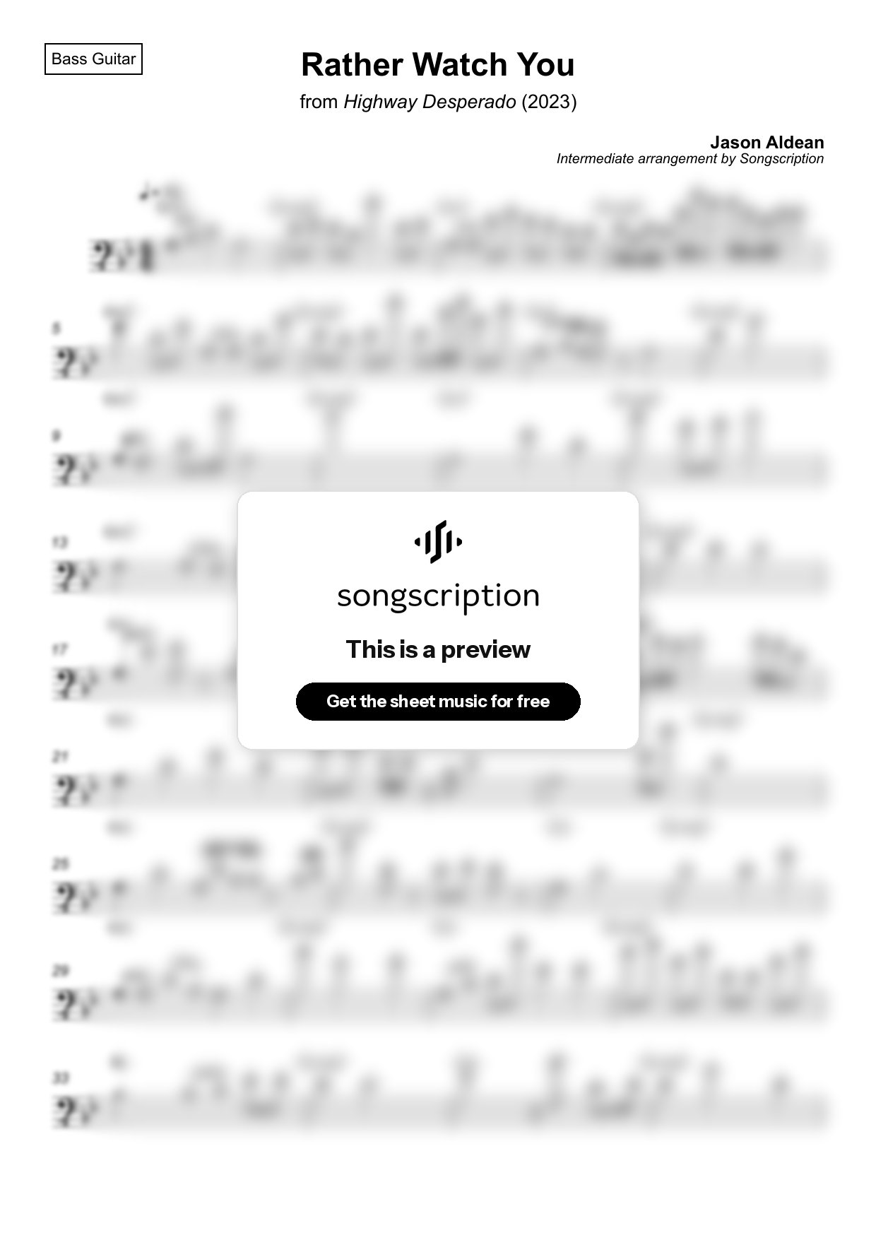 Intermediate Bass Guitar Sheet Music for "Rather Watch You" by Jason Aldean