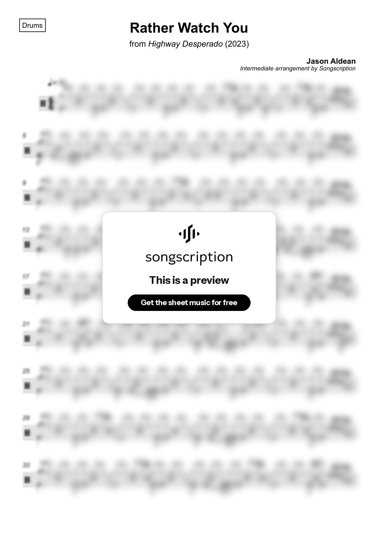 Intermediate Drums Sheet Music for "Rather Watch You" by Jason Aldean