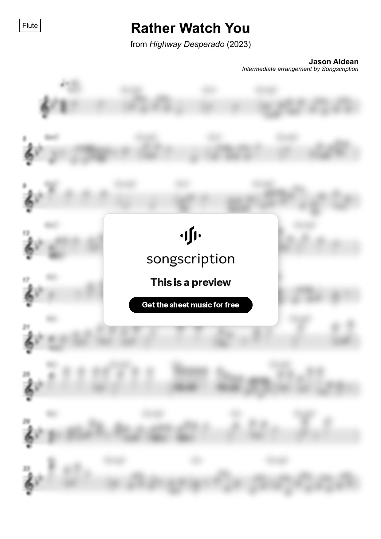Intermediate Flute Sheet Music for "Rather Watch You" by Jason Aldean